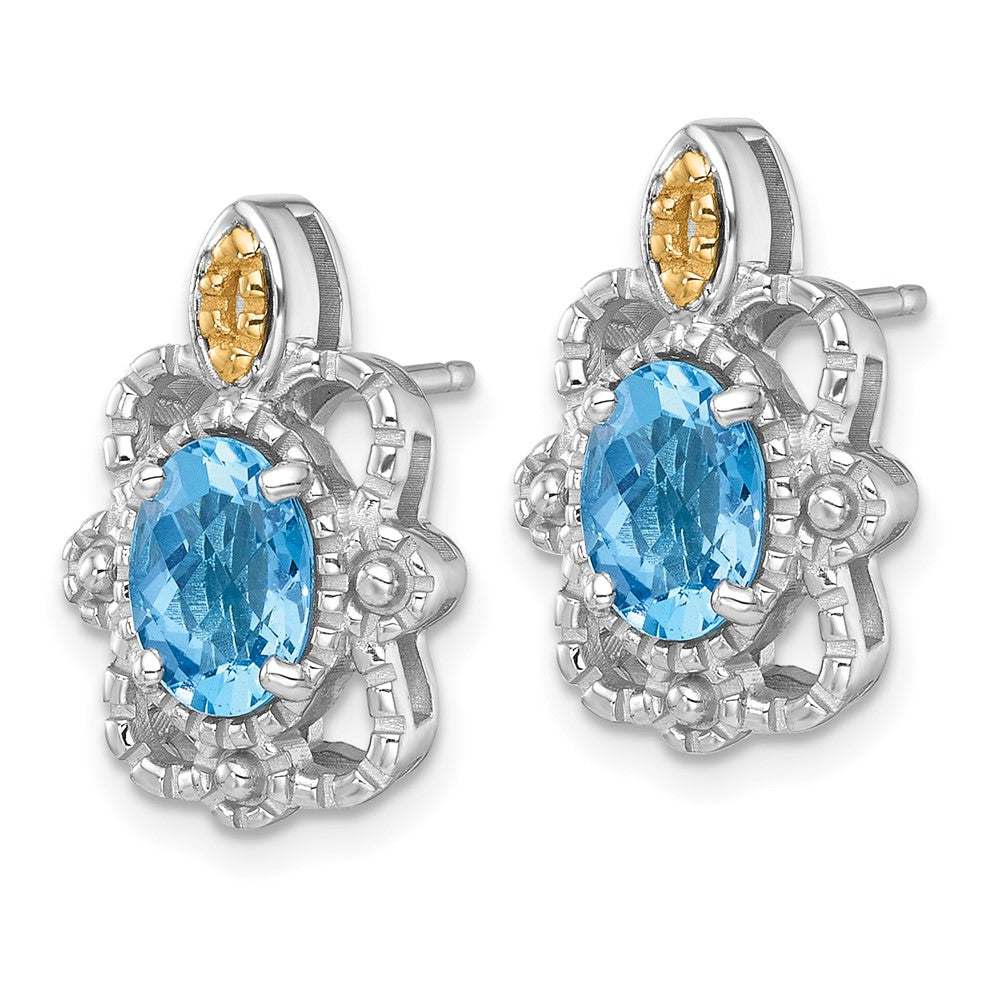 Ss Rhodium Plated w/14K/Silver Two-Tone Accent Light Swiss Blue Topaz Post Earrings