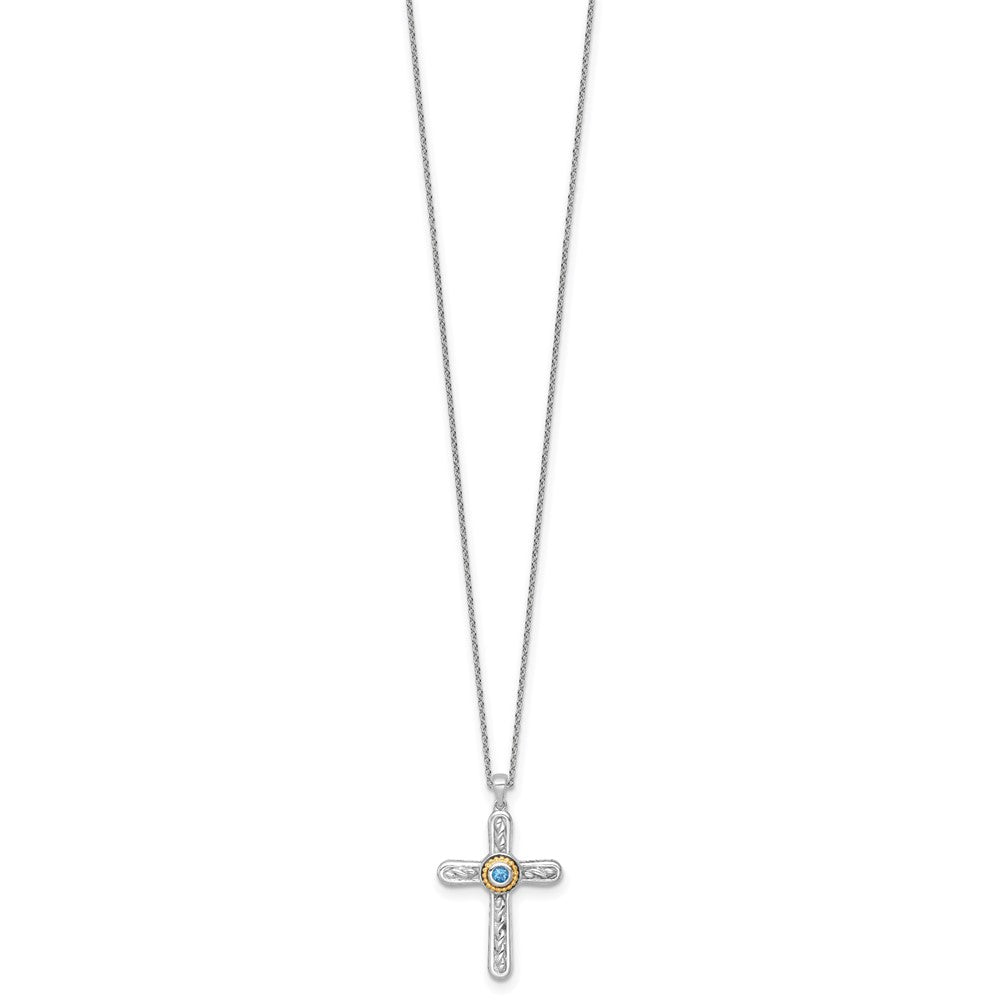 Ss Rh-Pltd W/ 14K/Silver Two-Tone Accent Textured London Blue Topaz Cross Necklace