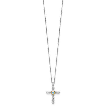 Ss Rh-Pltd W/ 14K/Silver Two-Tone Accent Textured London Blue Topaz Cross Necklace