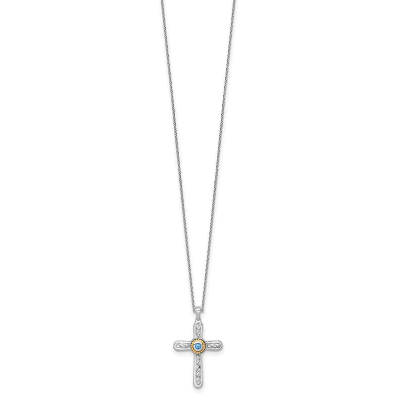 Ss Rh-Pltd W/ 14K/Silver Two-Tone Accent Textured London Blue Topaz Cross Necklace