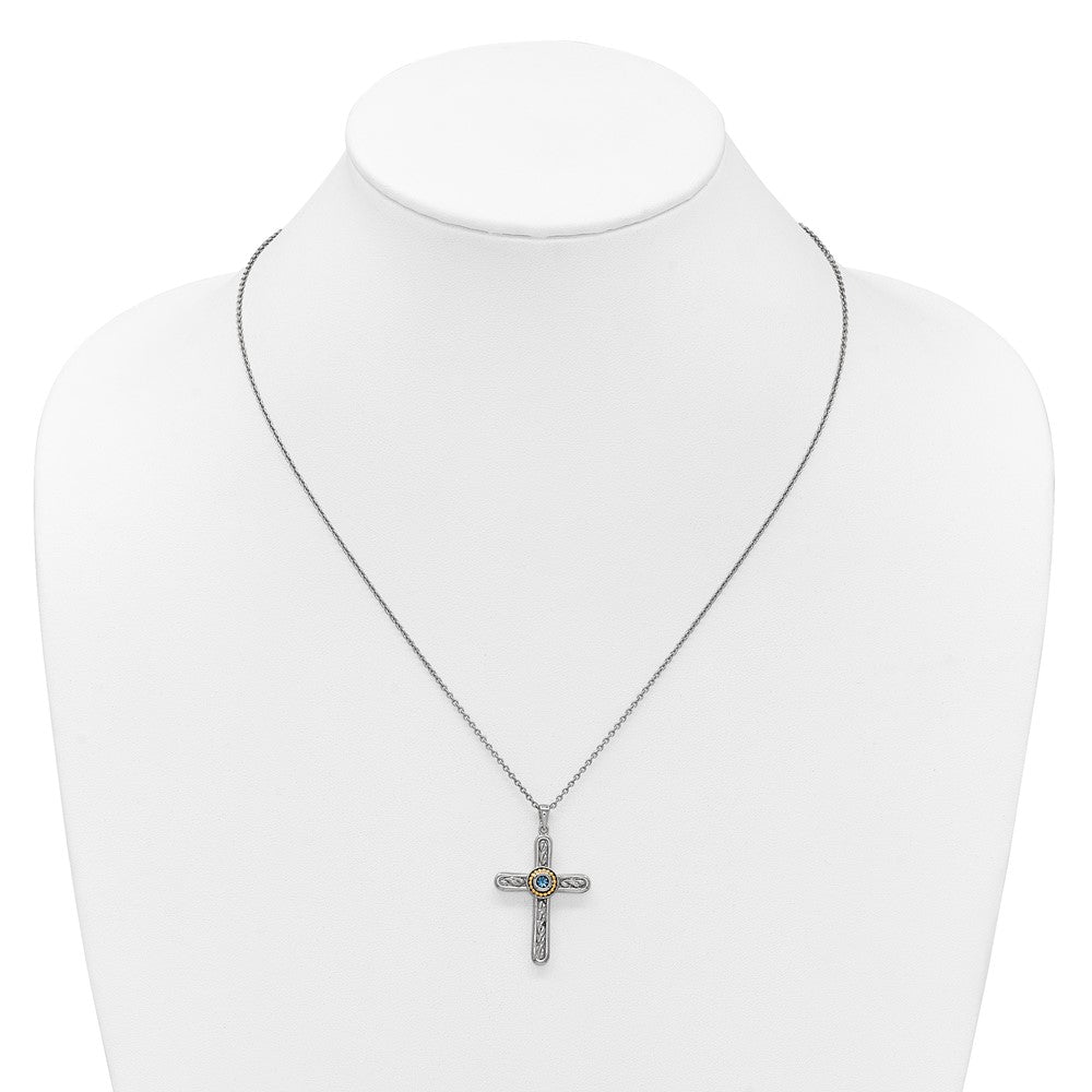 Ss Rh-Pltd W/ 14K/Silver Two-Tone Accent Textured London Blue Topaz Cross Necklace