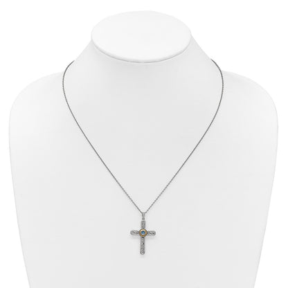Ss Rh-Pltd W/ 14K/Silver Two-Tone Accent Textured London Blue Topaz Cross Necklace