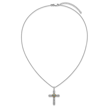 Ss Rh-Pltd W/ 14K/Silver Two-Tone Accent Textured London Blue Topaz Cross Necklace