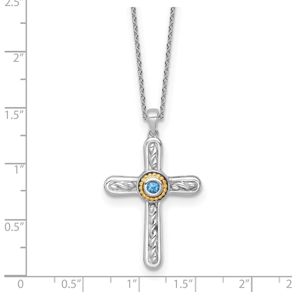 Ss Rh-Pltd W/ 14K/Silver Two-Tone Accent Textured London Blue Topaz Cross Necklace