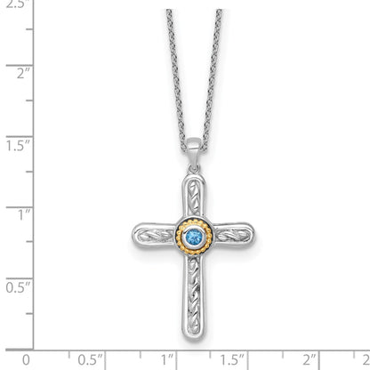 Ss Rh-Pltd W/ 14K/Silver Two-Tone Accent Textured London Blue Topaz Cross Necklace