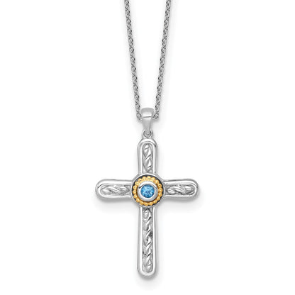 Ss Rh-Pltd W/ 14K/Silver Two-Tone Accent Textured London Blue Topaz Cross Necklace