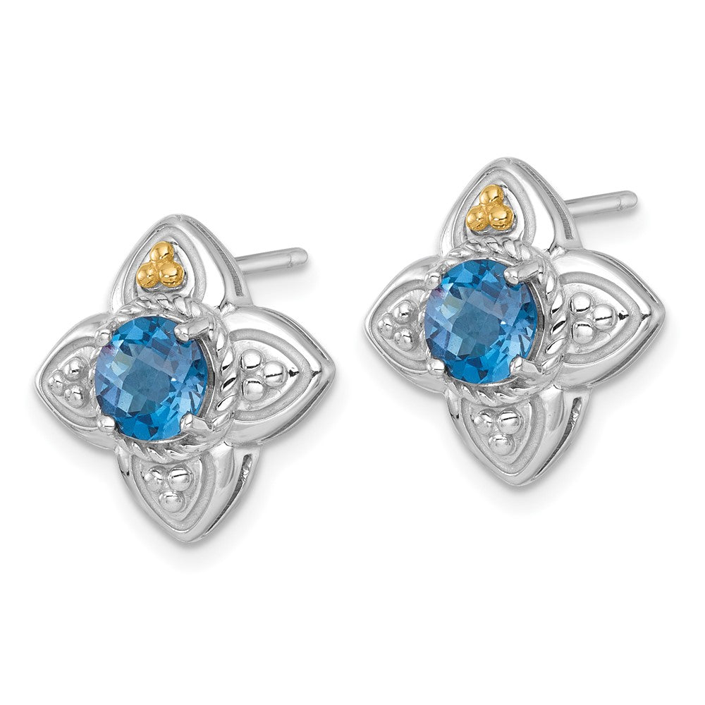 Ss Rhodium Plated w/14K/Silver Two-Tone Accent London Blue Topaz Flower Post Earrings