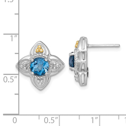 Ss Rhodium Plated w/14K/Silver Two-Tone Accent London Blue Topaz Flower Post Earrings