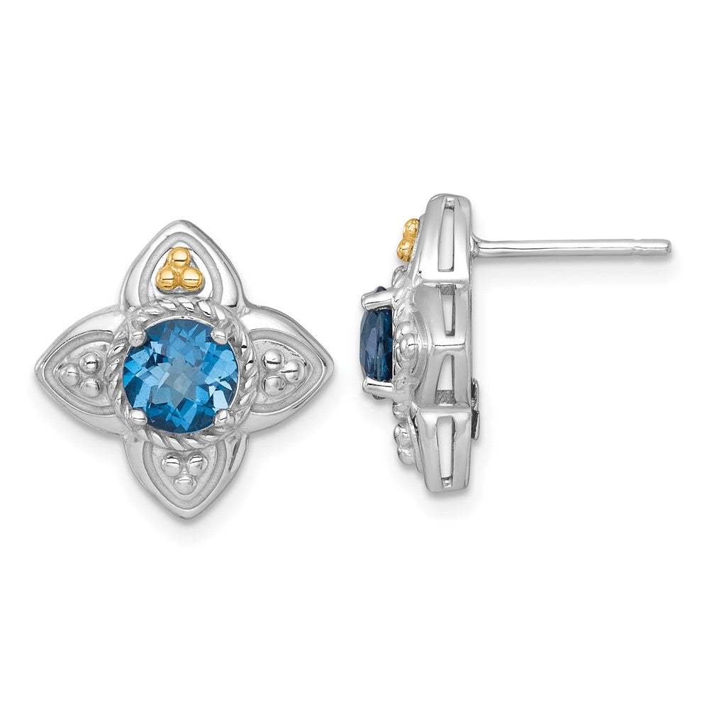 Ss Rhodium Plated w/14K/Silver Two-Tone Accent London Blue Topaz Flower Post Earrings