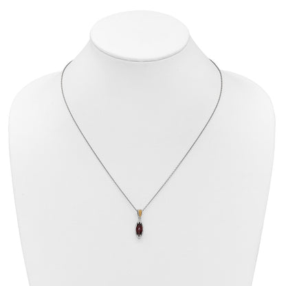 Sterling Silver Rhodium Plated w/14K/Silver Two-Tone Accent Garnet Navette Necklace