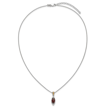 Sterling Silver Rhodium Plated w/14K/Silver Two-Tone Accent Garnet Navette Necklace