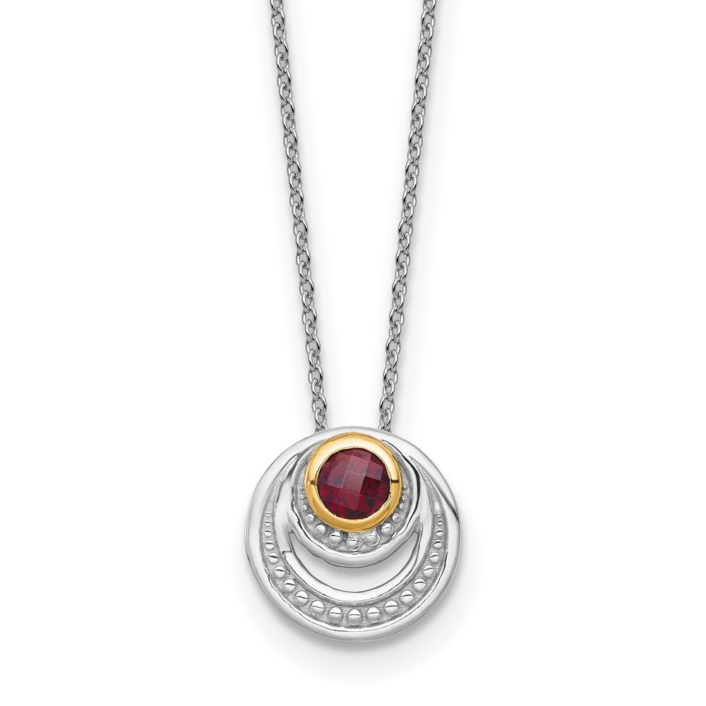 Sterling Silver Rhodium Plated w/14K/Silver Two-Tone Accent Garnet Circle Necklace