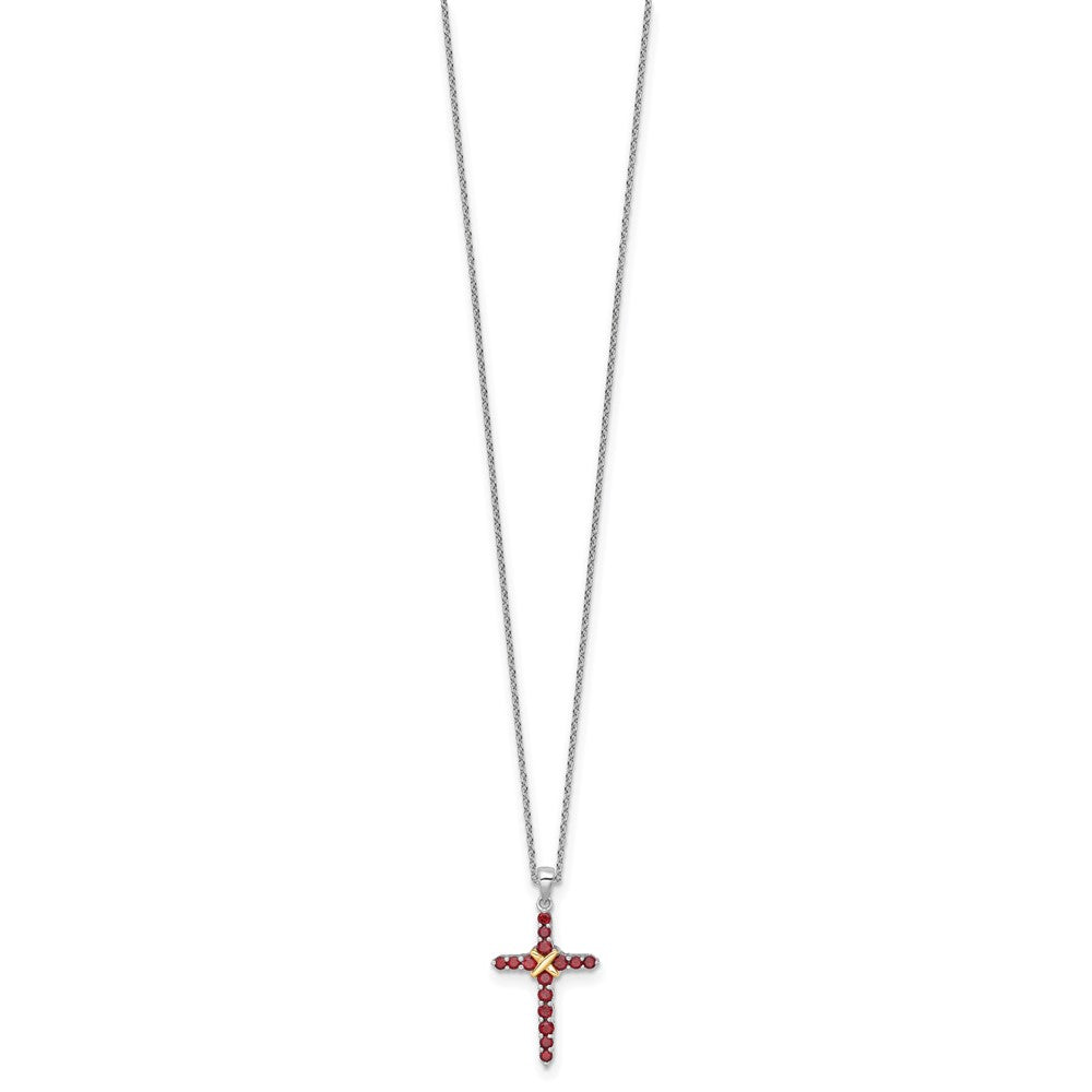 Sterling Silver Rhodium-Plated w/14K/Silver Two-Tone Accent Garnet Cross Necklace