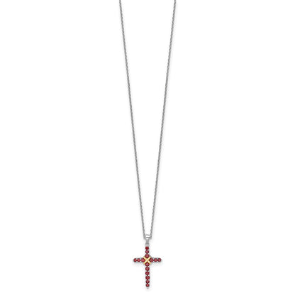 Sterling Silver Rhodium-Plated w/14K/Silver Two-Tone Accent Garnet Cross Necklace