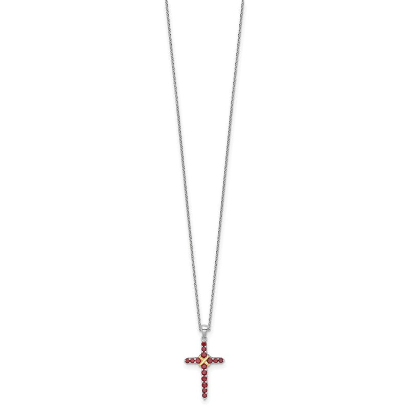 Sterling Silver Rhodium-Plated w/14K/Silver Two-Tone Accent Garnet Cross Necklace