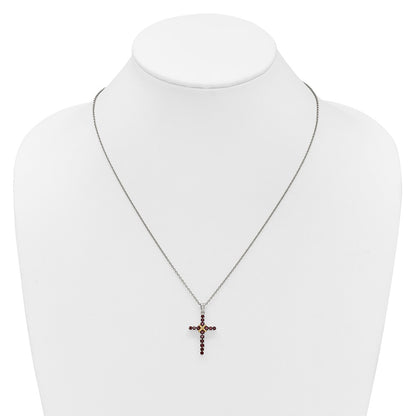 Sterling Silver Rhodium-Plated w/14K/Silver Two-Tone Accent Garnet Cross Necklace