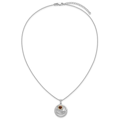 Sterling Silver Rhodium Plated w/14K/Silver Two-Tone Accent Garnet Round Swirl Necklace