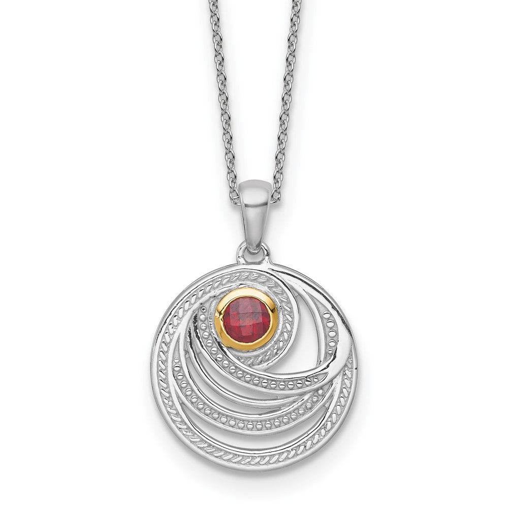 Sterling Silver Rhodium Plated w/14K/Silver Two-Tone Accent Garnet Round Swirl Necklace