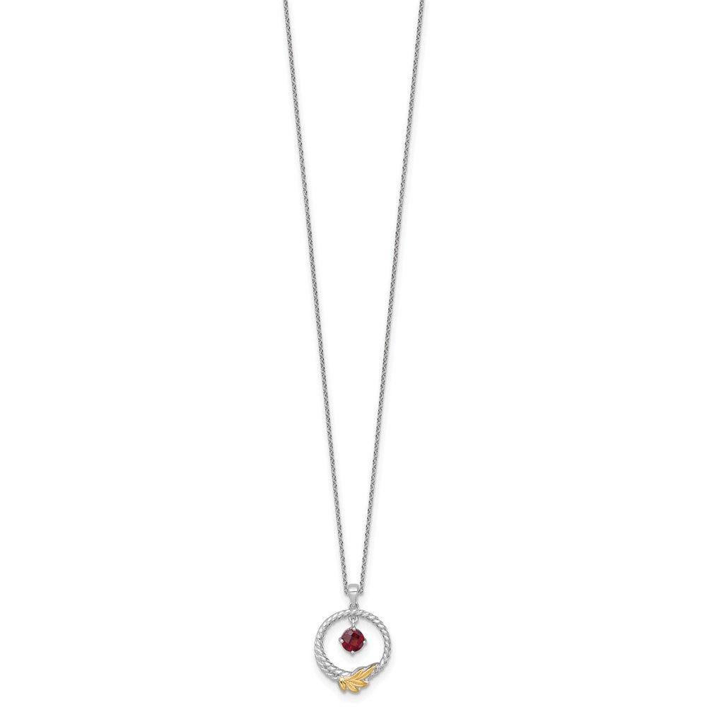 Ss Rhodium Plated W/ 14K/Silver Two-Tone Accent Twisted Garnet Leaf Circle Necklace
