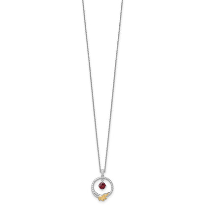 Ss Rhodium Plated W/ 14K/Silver Two-Tone Accent Twisted Garnet Leaf Circle Necklace