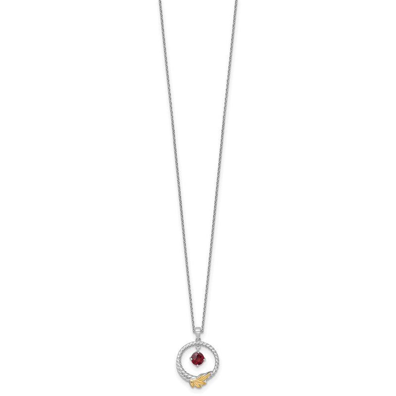 Ss Rhodium Plated W/ 14K/Silver Two-Tone Accent Twisted Garnet Leaf Circle Necklace