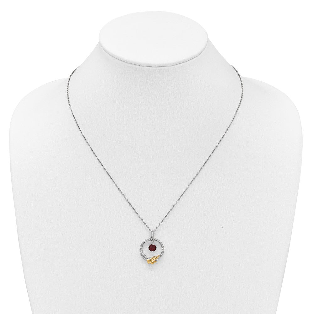 Ss Rhodium Plated W/ 14K/Silver Two-Tone Accent Twisted Garnet Leaf Circle Necklace