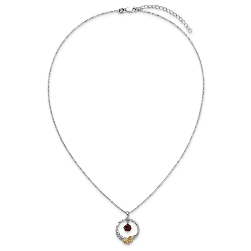 Ss Rhodium Plated W/ 14K/Silver Two-Tone Accent Twisted Garnet Leaf Circle Necklace
