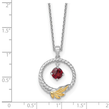 Ss Rhodium Plated W/ 14K/Silver Two-Tone Accent Twisted Garnet Leaf Circle Necklace