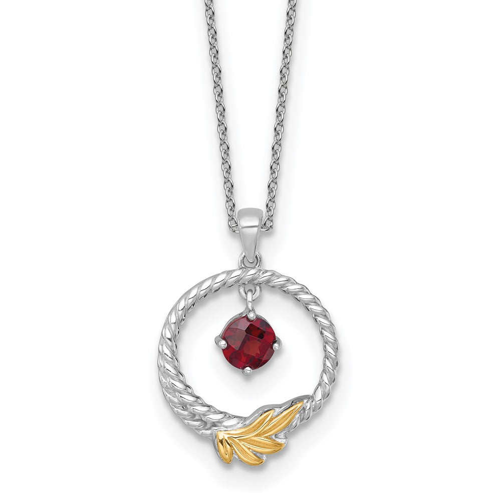 Ss Rhodium Plated W/ 14K/Silver Two-Tone Accent Twisted Garnet Leaf Circle Necklace