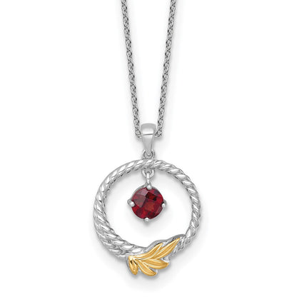 Ss Rhodium Plated W/ 14K/Silver Two-Tone Accent Twisted Garnet Leaf Circle Necklace