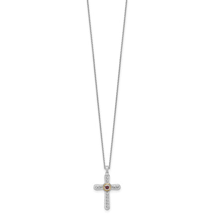 Ss Rhodium Plated W/ 14K/Silver Two-Tone Accent Textured Garnet Cross Necklace