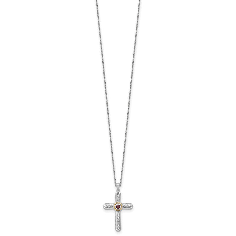 Ss Rhodium Plated W/ 14K/Silver Two-Tone Accent Textured Garnet Cross Necklace