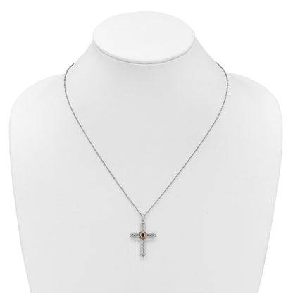 Ss Rhodium Plated W/ 14K/Silver Two-Tone Accent Textured Garnet Cross Necklace