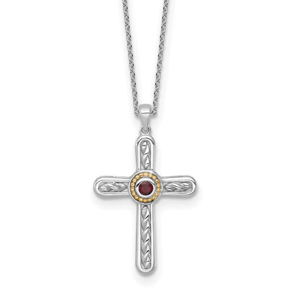 Ss Rhodium Plated W/ 14K/Silver Two-Tone Accent Textured Garnet Cross Necklace