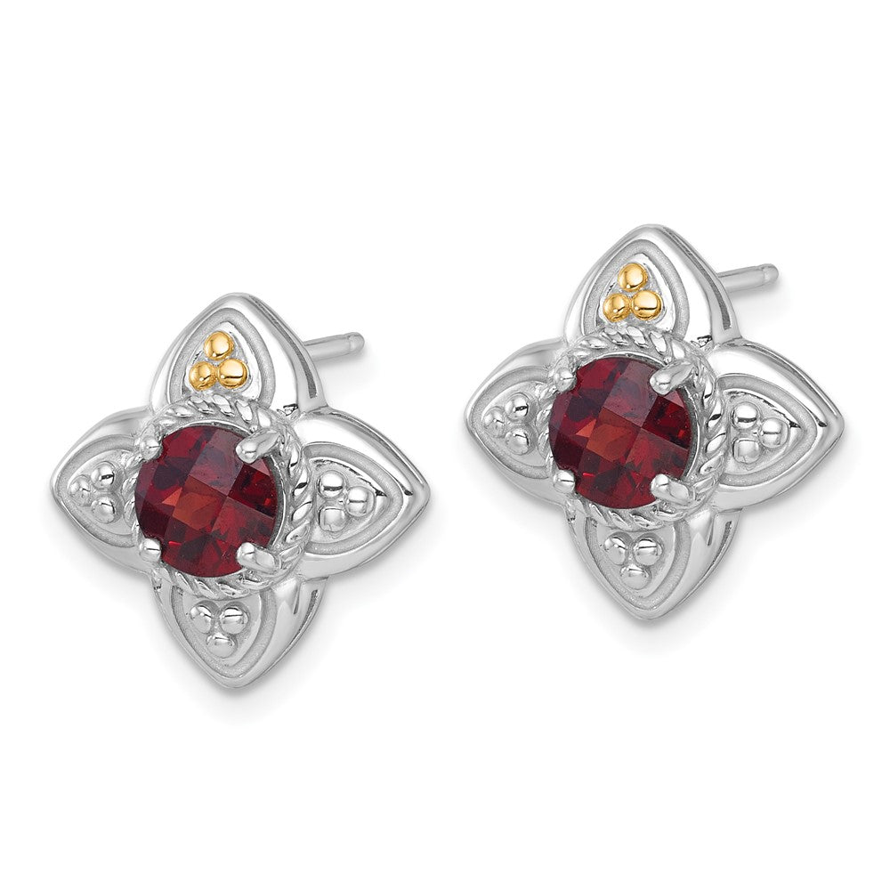 Sterling Silver Rhodium Plated w/14K/Silver Two-Tone Accent Garnet Flower Post Earrings