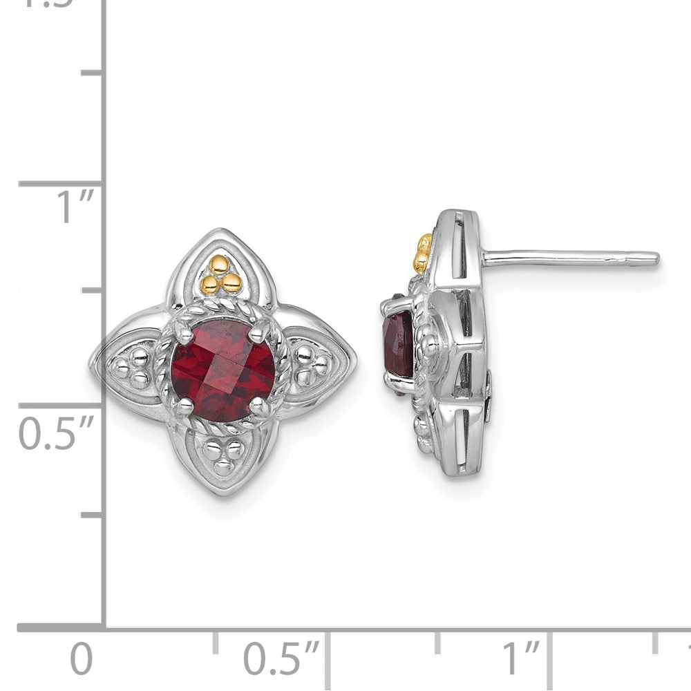 Sterling Silver Rhodium Plated w/14K/Silver Two-Tone Accent Garnet Flower Post Earrings