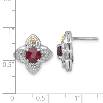 Sterling Silver Rhodium Plated w/14K/Silver Two-Tone Accent Garnet Flower Post Earrings