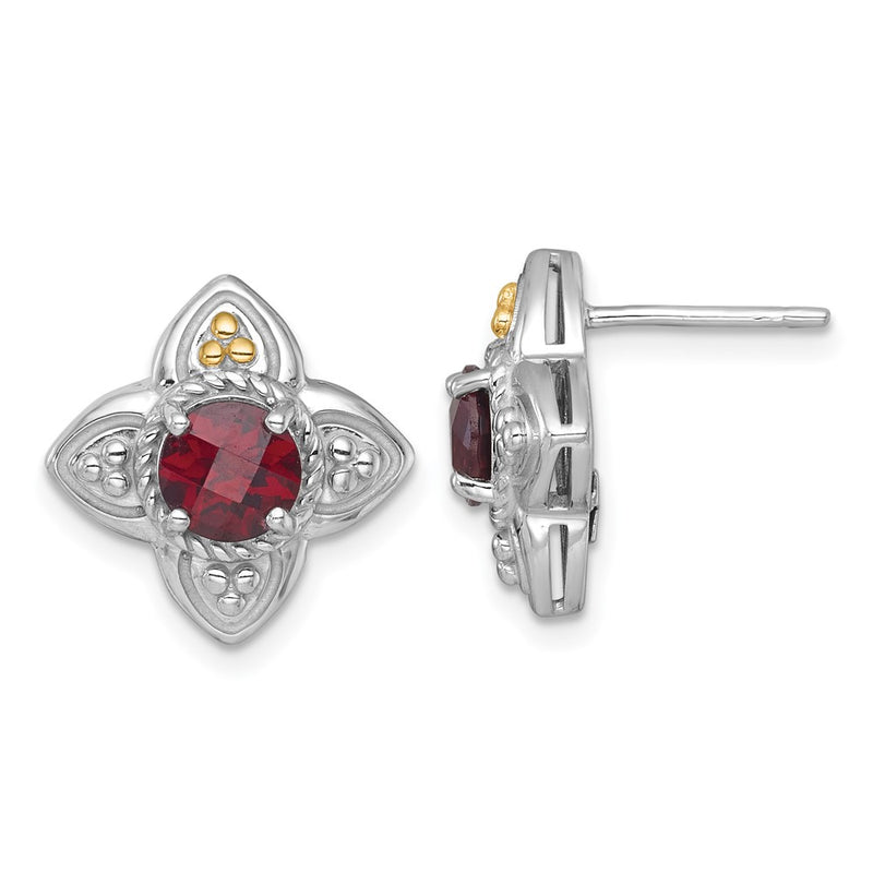 Sterling Silver Rhodium Plated w/14K/Silver Two-Tone Accent Garnet Flower Post Earrings