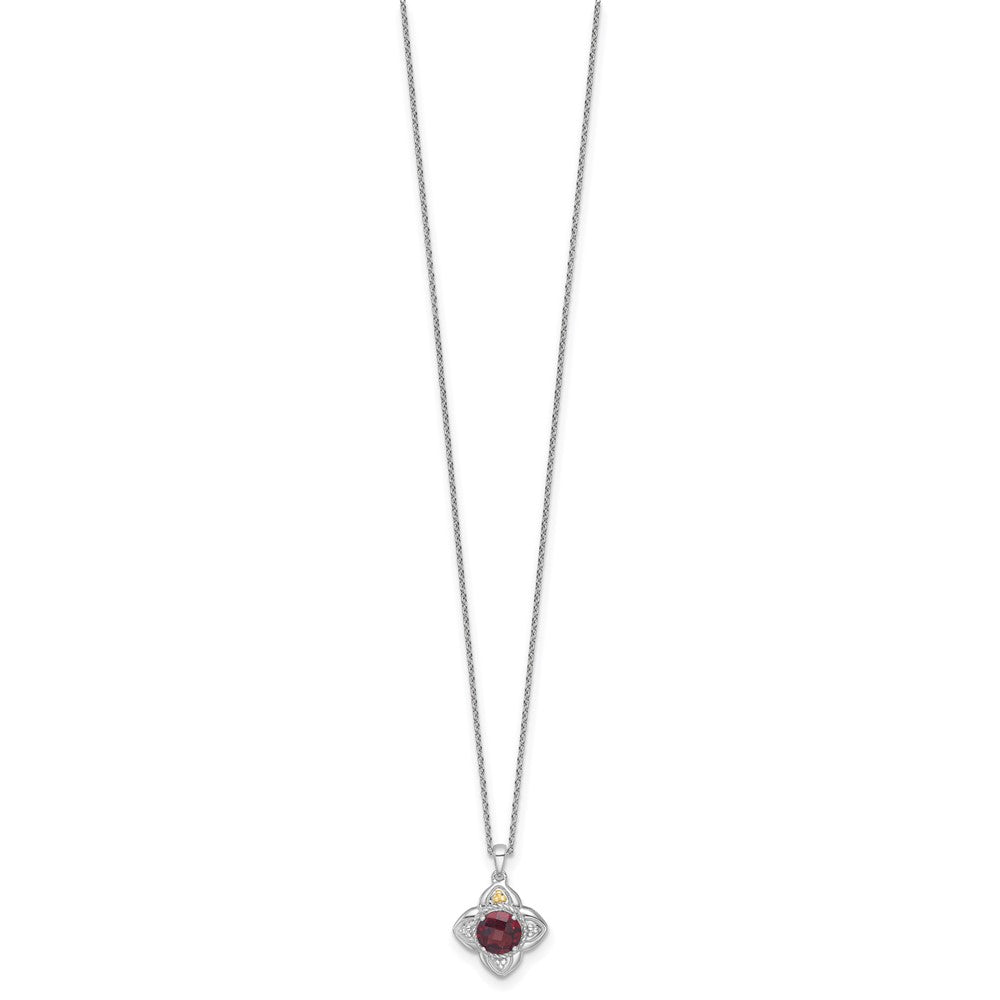 Sterling Silver Rhodium Plated w/14K/Silver Two-Tone Accent Garnet Flower Necklace