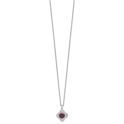 Sterling Silver Rhodium Plated w/14K/Silver Two-Tone Accent Garnet Flower Necklace