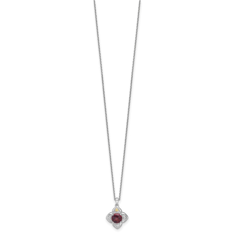 Sterling Silver Rhodium Plated w/14K/Silver Two-Tone Accent Garnet Flower Necklace