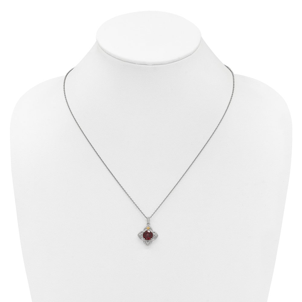 Sterling Silver Rhodium Plated w/14K/Silver Two-Tone Accent Garnet Flower Necklace