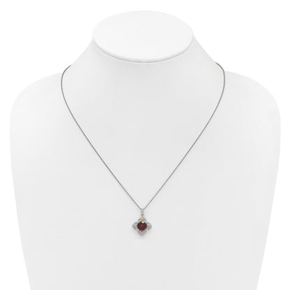 Sterling Silver Rhodium Plated w/14K/Silver Two-Tone Accent Garnet Flower Necklace