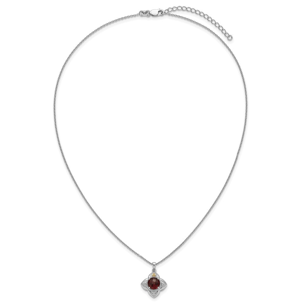 Sterling Silver Rhodium Plated w/14K/Silver Two-Tone Accent Garnet Flower Necklace