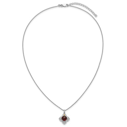 Sterling Silver Rhodium Plated w/14K/Silver Two-Tone Accent Garnet Flower Necklace