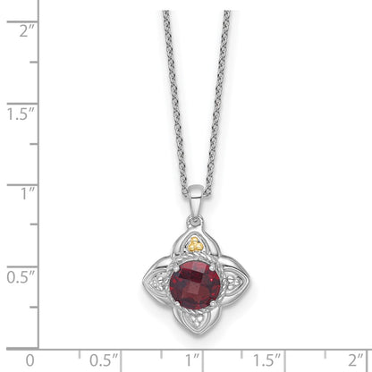 Sterling Silver Rhodium Plated w/14K/Silver Two-Tone Accent Garnet Flower Necklace