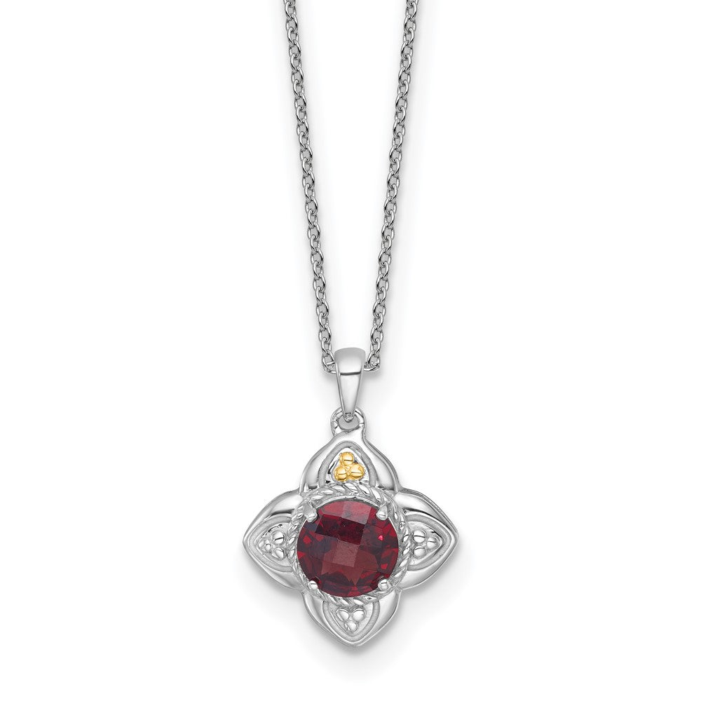Sterling Silver Rhodium Plated w/14K/Silver Two-Tone Accent Garnet Flower Necklace