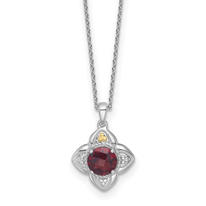 Sterling Silver Rhodium Plated w/14K/Silver Two-Tone Accent Garnet Flower Necklace
