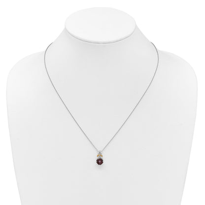 Ss Rhodium Plated W/ 14K/Silver Two-Tone Accent Garnet and Dia Necklace