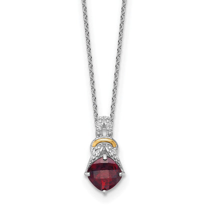 Ss Rhodium Plated W/ 14K/Silver Two-Tone Accent Garnet and Dia Necklace